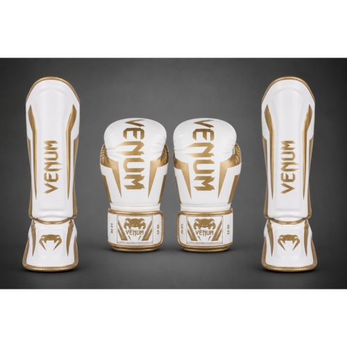 Venum Elite fightset bokshandschoenen scheenbeschermers wit goud